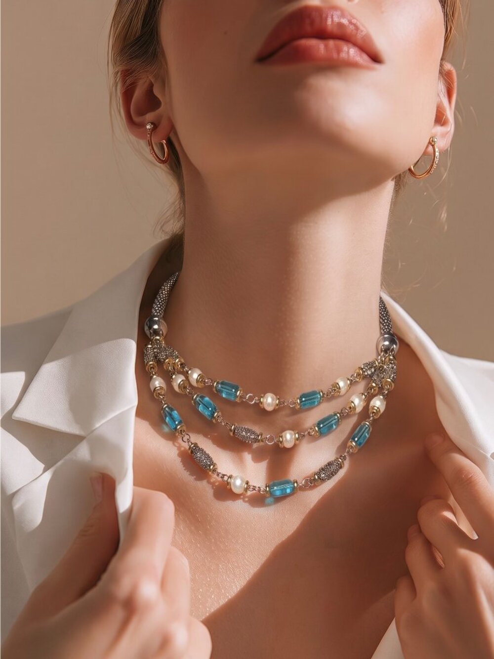 Statement Layered Choker Necklace Silver Mesh Chain Blue Crystal Pearls Two Tone